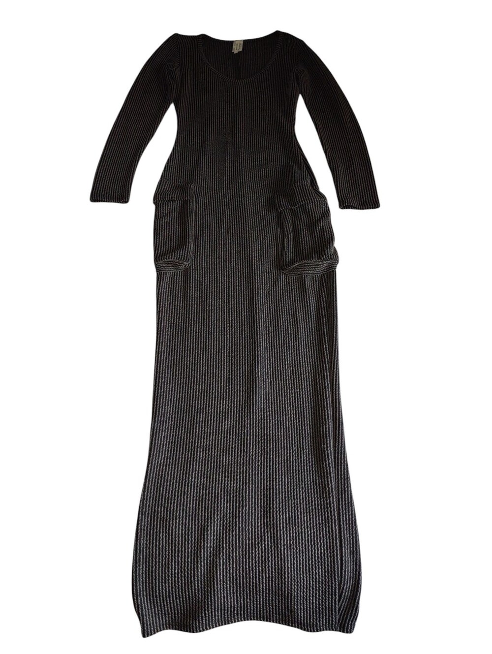 Yellow Cabbage Small Grey Ribbed Cargo Pocket Scoop Neck Maxi Dress